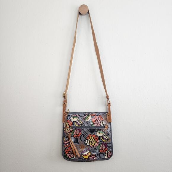 Fossil Key Per Coated Canvas Messenger Crossbody Bag Gray Pink Floral New - Picture 5 of 14